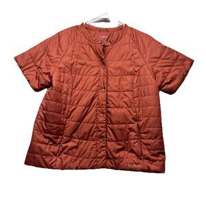LL Bean Womens Sz M Red Orange Collarless Short Sleeve Puffer Jacket 512683